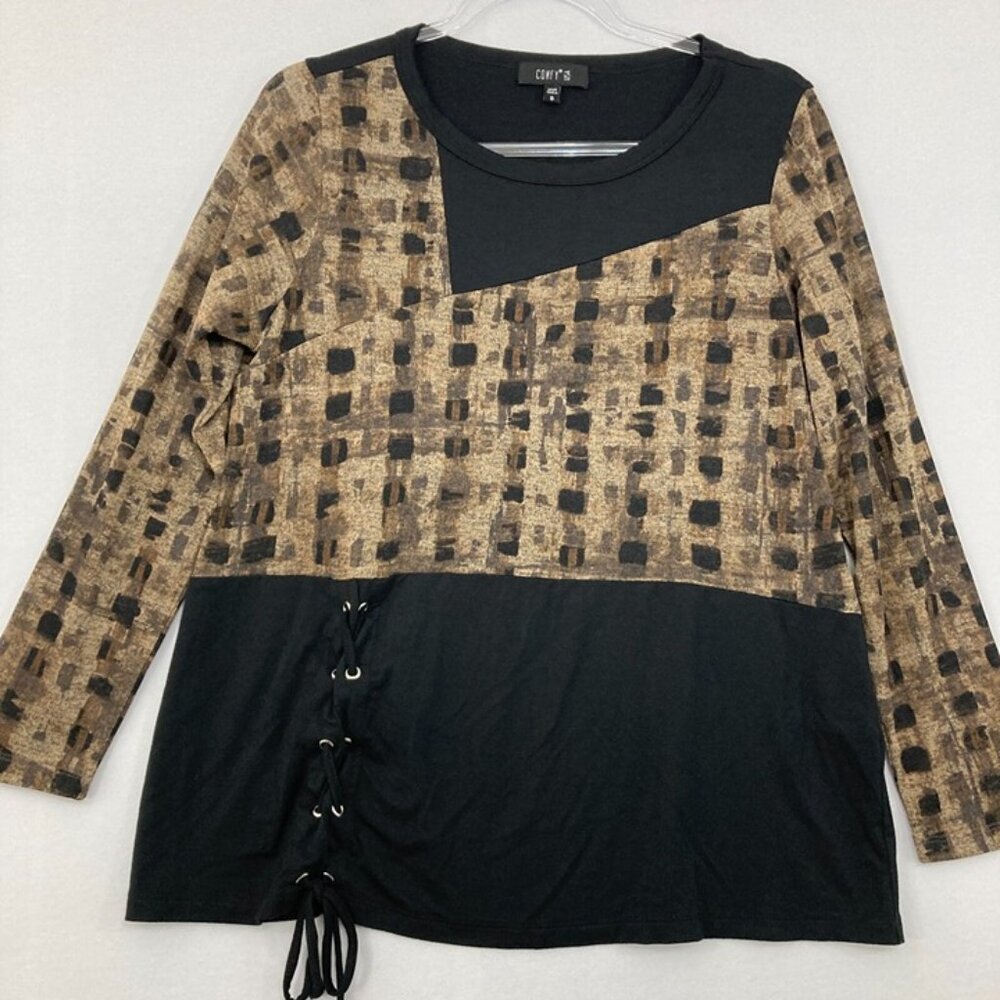 Comfy USA size Small Black Tan Colorblock Lace‎ Up Artsy Stretch Top